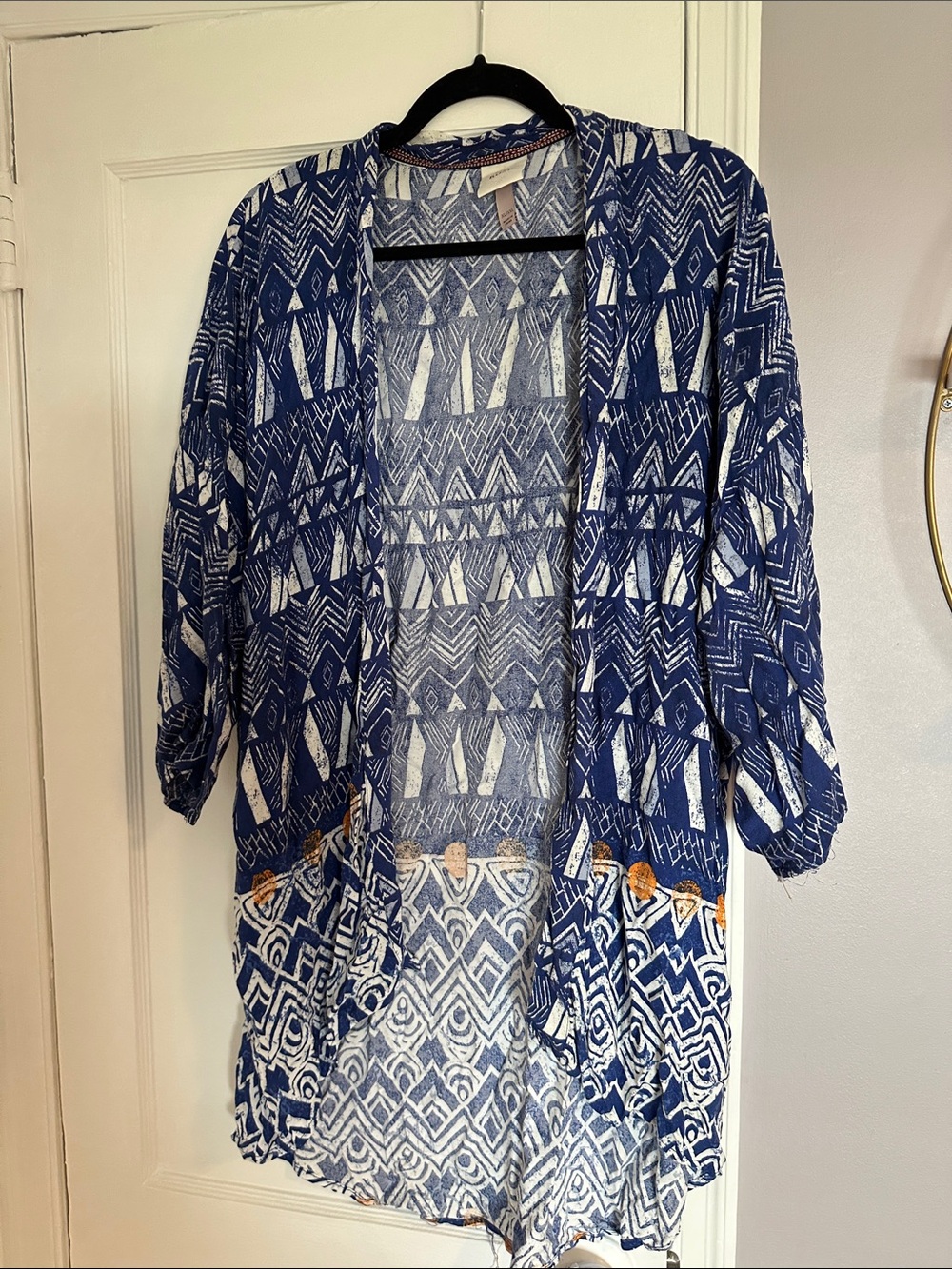 Knox Rose Blue and White Geometric Kimono Cardigan with Pink Trim